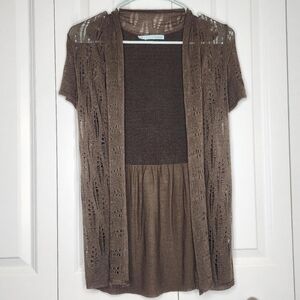 Y2K Inspired Brown Babydoll Soft Crochet Knit Short Sleeve Flowy Open Cardigan